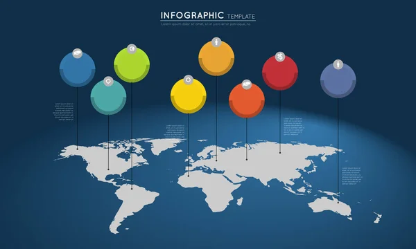 Renkli Daireler Işaretçileri Infographic Şablonu Ile Dünya Haritası — Stok Vektör