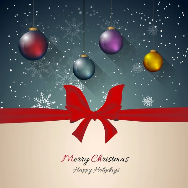 Noel kutlamaları arka plan kırmızı kurdele, kar taneleri ve Noel topları ile