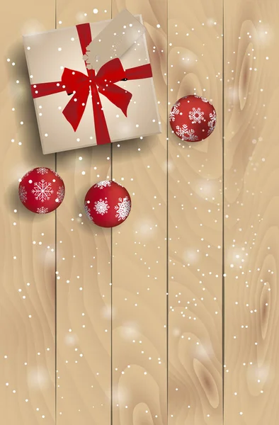 最热门看法在圣诞节礼物与红色圣诞节球在板材木桌 — 图库矢量图片