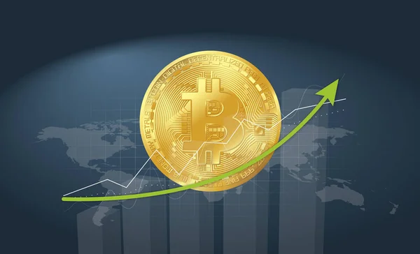 ok ve dünya harita yükselen grafikleriyle mavi zemin üzerine altın bitcoin