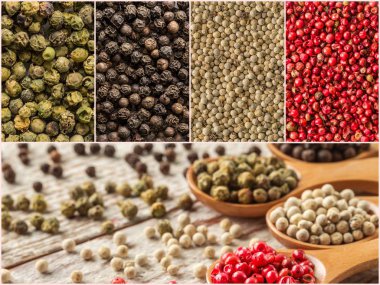 Karabiber dört varyasyonları. Renkli karışımı çizgiler baharat arka planlar ile fotoğraf. Baharat koleksiyonu