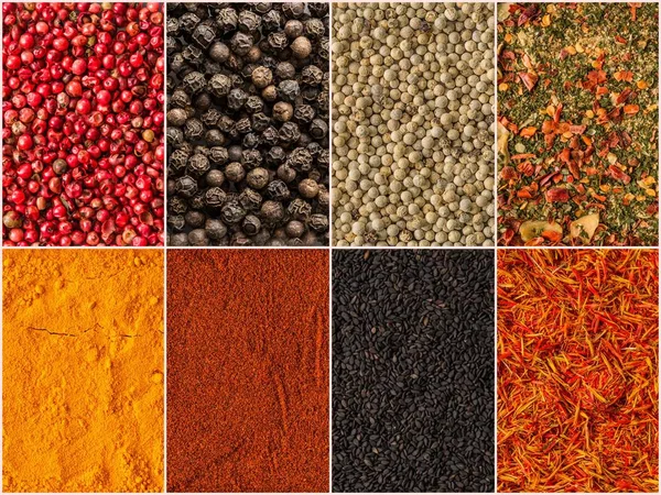 Collage of different herbs and spices background. Collection of herbs and spices