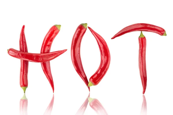 Papryczki Chilli Red Hot Pisowni Słowa Gorąco Czerwony Pikantne Chili — Zdjęcie stockowe
