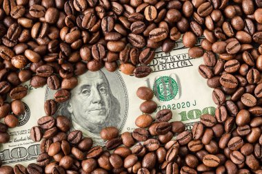 Kahve çekirdekleri ve yüz dolarlık banknot. Kavrulmuş kahve çekirdekleri arka plan. Mali kavramı