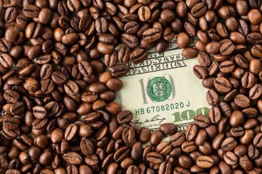 Kahve çekirdekleri ve yüz dolarlık banknot. Kavrulmuş kahve çekirdekleri arka plan. Mali kavramı