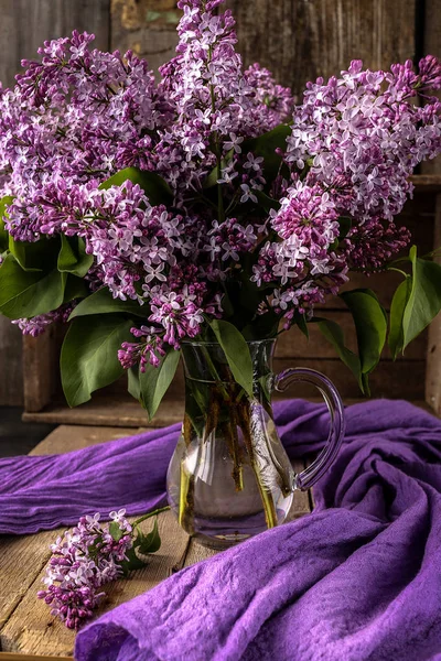 Belle Composition Avec Bouquet Lilas Sur Table Ancienne Vintage Nature — Photo