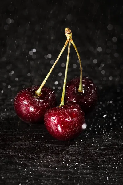 Cherry Black Background Water Drops Ripe Cherry Summer Berries Concept — Stock Photo, Image