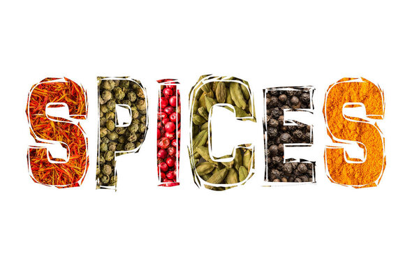 Spice title font with diverse spice photo on white background. Collage of condiments. Herb and spice ingredients 