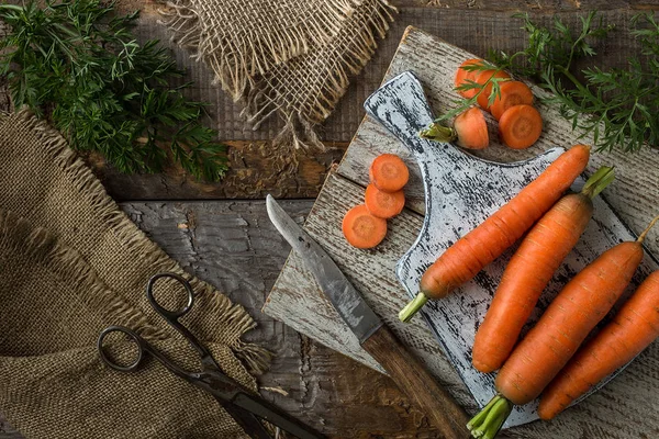 Flat Lay Composition Fresh Carrots Dark Rustic Background Vegetables Vitamins — Stock Photo, Image