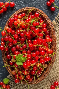 Siyah taş zemin üzerine bir hasır sepet meyveleri taze sulu kırmızı kuş üzümü. Yaz hasat. Sağlıklı beslenme kavramı