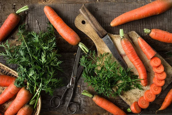 Flat Lay Composition Fresh Carrots Dark Rustic Background Vegetables Vitamins — Stock Photo, Image