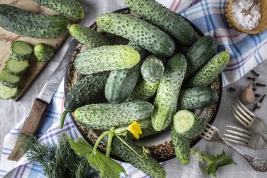 Antika ahşap masa üzerinde bir kase taze salatalık. Sağlıklı beslenme kavramı. Vejetaryen yiyecekler. sebze arka plan