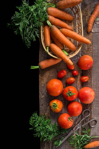 Fresh Ingredients Cooking Rustic Setting Tomatoes Carrots Natural Organic Healthy — Stock Photo, Image