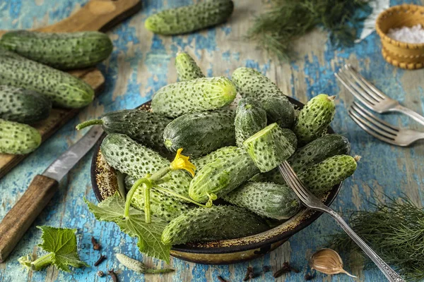 Antika ahşap masa üzerinde bir kase taze salatalık. Sağlıklı beslenme kavramı. Vejetaryen yiyecekler. sebze arka plan