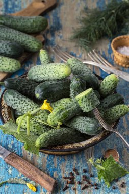 Antika ahşap masa üzerinde bir kase taze salatalık. Sağlıklı beslenme kavramı. Vejetaryen yiyecekler. sebze arka plan