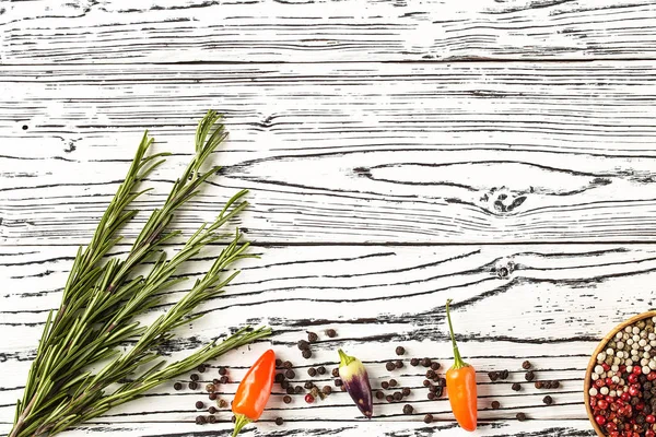 Background Rosemary Chili Pepper Wooden Table Herb Spice Ingredients Wooden — Stock Photo, Image
