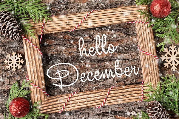 Hello December Handwritten Inscription Winter Holiday Composition New Year Christmas — Stock Photo, Image