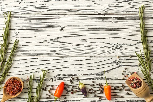 Background Rosemary Chili Pepper Wooden Table Herb Spice Ingredients Wooden — Stock Photo, Image