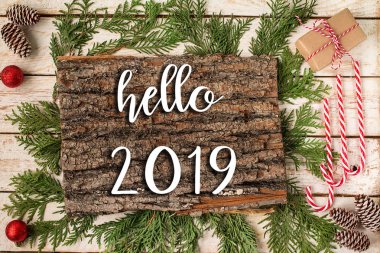 Merhaba 2019 el yazısı yazıt. Kış tatil kompozisyon. Noel ve yeni yıl kutlama. Kış tatil kavramı. Noel süsleri. Üstten görünüm.