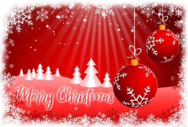 Tatil tebrik kartı Merry Christmas bir karlı manzara arka plan üzerinde yazı ile. Kış tatil kompozisyon.