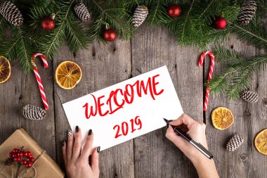 Eski ahşap arka plan üzerinde hoş geldiniz 2019 el yazı yazıt. Çam dalları ve koniler çerçeve. 