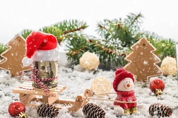 Snowman Red Cap Wooden Table Christmas New Year Composition Gifts — Stock Photo, Image