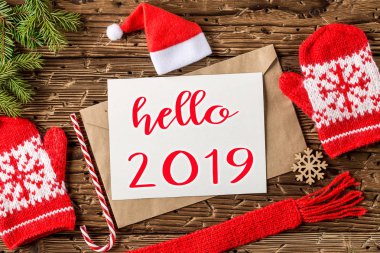 Merhaba 2019 el yazısı yazıt. Kış tatil kompozisyon. 