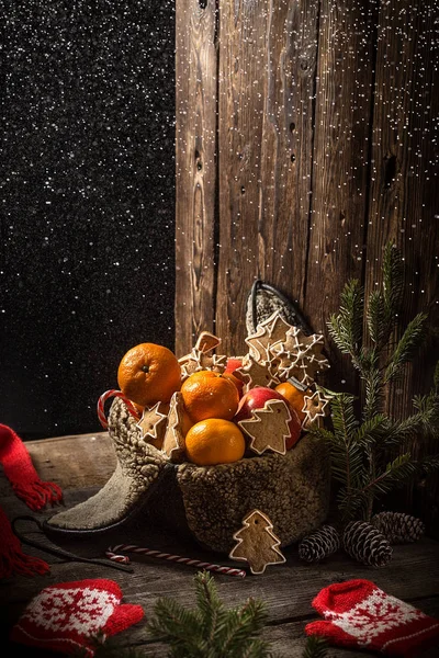 带水果的圣诞卡。苹果、橘子、橘子、香蕉 — 图库照片