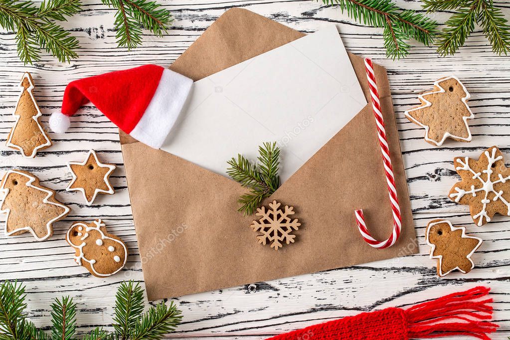 Christmas mail, envelopes with gingerbread cookies. Top View