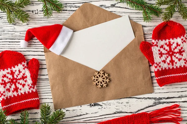 Christmas Mail Envelopes Letters Light Wooden Table Next Christmas Tree — Stock Photo, Image