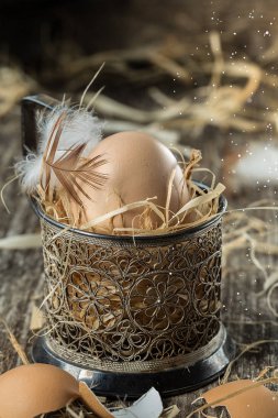 Yumurta. Taze çiftlik yumurtaları. Tüy konsepti ile Paskalya yortusu yumurta