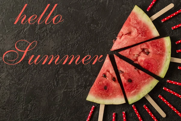 Watermelon slice with text Hello Summer, on dark background — Stock Photo, Image