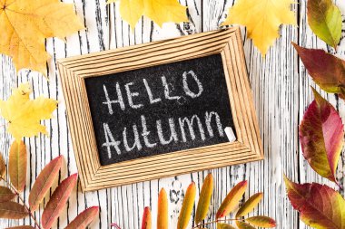 Chalkboard merhaba sonbahar tebrik metni. Üstte görüntü