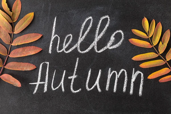 Hello Autumn white chalk lettering on blackboard.