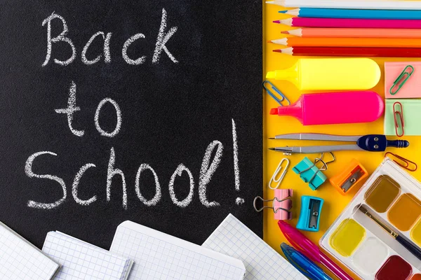 Back to School Text. School Stationary and Blackboard