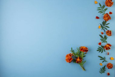 Turuncu ve sarı kadife çiçeği ile düz yatıyordu kompozisyon.