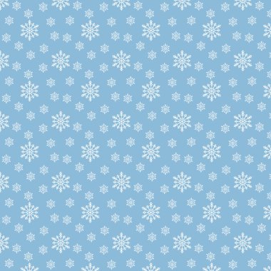 Pastel mavi arka planda kar taneleri olan kusursuz bir Noel deseni. Kış arka planında kar yağışı. Sonsuz Noel Şablonu