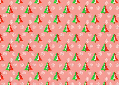 Pembe arka planda noel ağaçları ve kar taneleri olan kusursuz bir desen. Noel ağaçlarının en az bileşim kalıbı. Yeni yıl ve Noel konsepti. Sonsuz desen