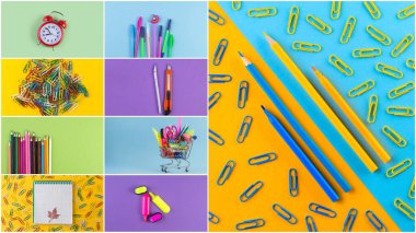 Çok renkli kağıdın arka planındaki çeşitli kırtasiyelerin kolaj fotoğrafları. Okula ve eğitim konseptine geri dönmek. Üst görünüm, düz döşeme sayfası kopyalama alanı ile