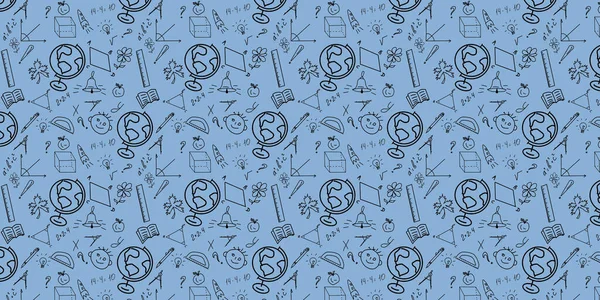 Seamless pattern. Back to school concept. Creative hand drawn educational sketch on blue background.