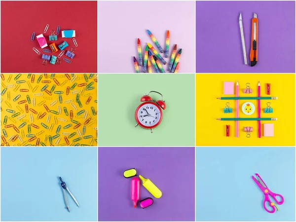 Fotos de colagem de vários artigos de papelaria no fundo de papel multicolorido. De volta ao conceito de escola e educação Imagem De Stock