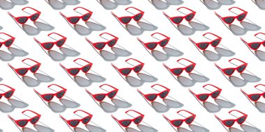 Beyaz arka planda kırmızı güneş gözlüğü izi var. Minimalist yaz tatili ve ultraviyole koruma kavramı. Sert ışık ve gölgeli, güneşli bir arka plan. geniş pankart