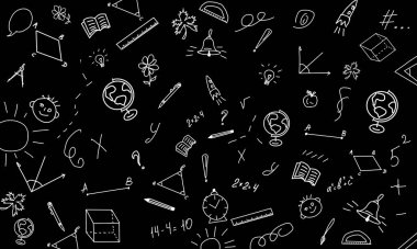 Kusursuz desen. Okul formüllerine dönelim. Yaratıcı çocuk çizimleri olan siyah karatahta. Kara tahtaya el yazması tebeşir çizimi. Eğitim kavramı