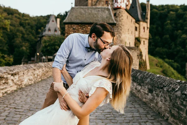 Stylish Couple Stand Kissing Each Other Woman White Dress Man — Stock Photo, Image