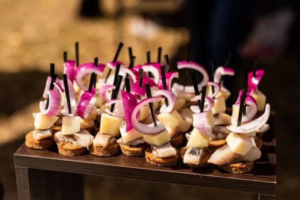 Juego Canapés Banquete Rodajas Cebolla Rosada Queso Pan Pescado Soporte — Foto de Stock