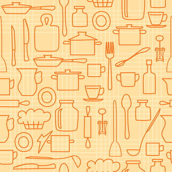 orange kitchenware on light background - vector seamless pattern