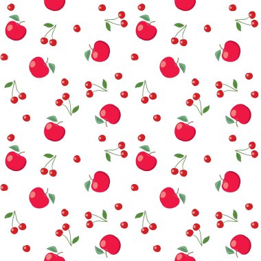 kırmızı elma ve kiraz beyaz arka planda - Dikişsiz desen vektör