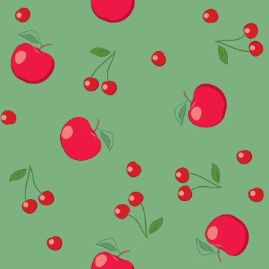 kırmızı elma ve kiraz yeşil arka plan - Dikişsiz desen vektör