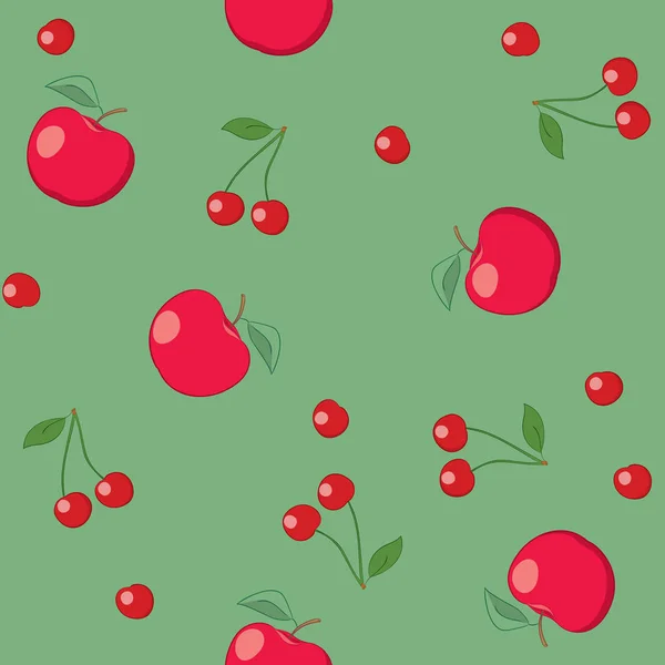 Kırmızı Elma Kiraz Yeşil Arka Plan Dikişsiz Desen Vektör — Stok Vektör