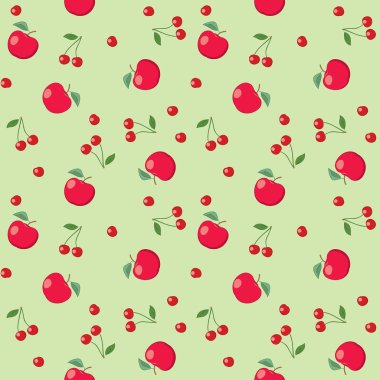 kırmızı elma ve kiraz açık yeşil renkli - sorunsuz vektör desen üzerinde